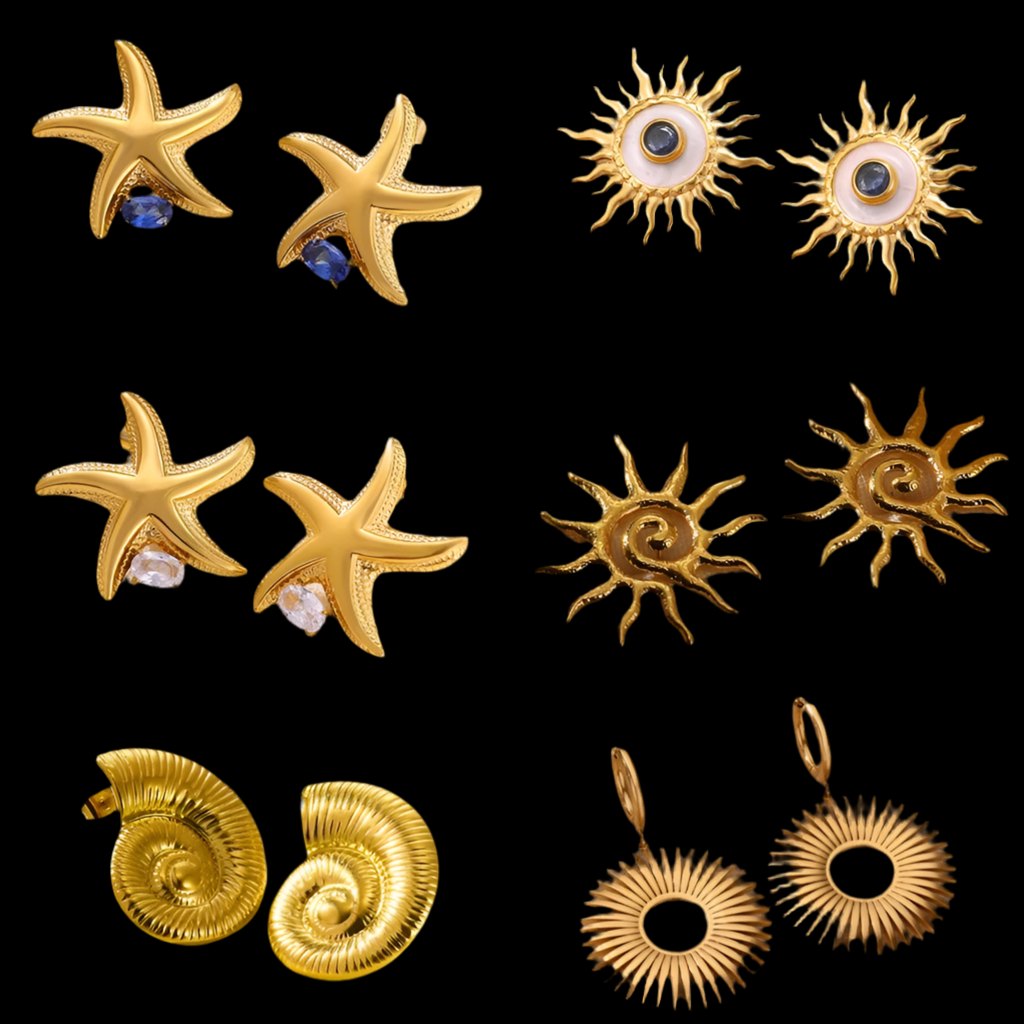 Pendientes de Sol y Estrella de Mar únicos de Acero Inoxidable