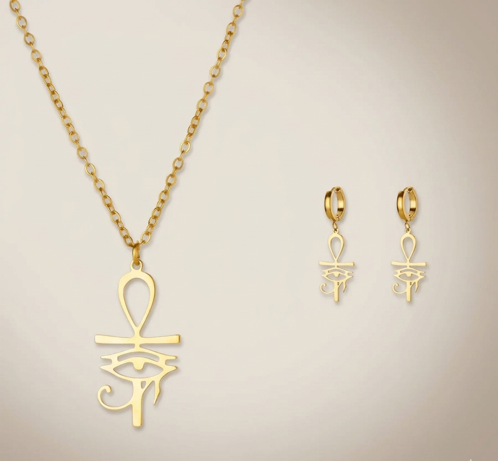 Conjunto de joyas Ojo de Horus de 2 piezas, chapado en oro, acero inoxidable resistente al agua.