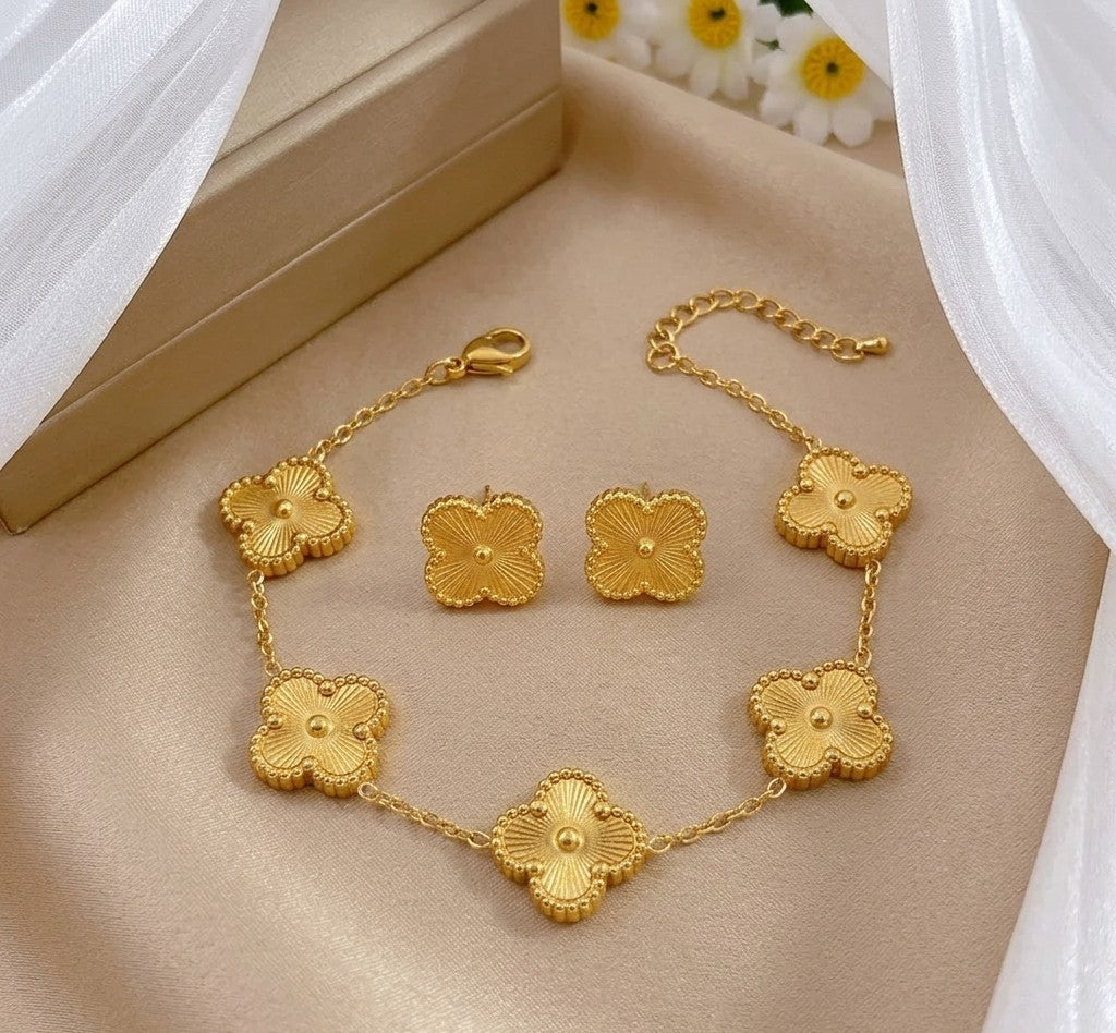 Conjunto de Pendientes y pulsera con diseño de flores tridimensionales, de acero de titanio con baño UV.